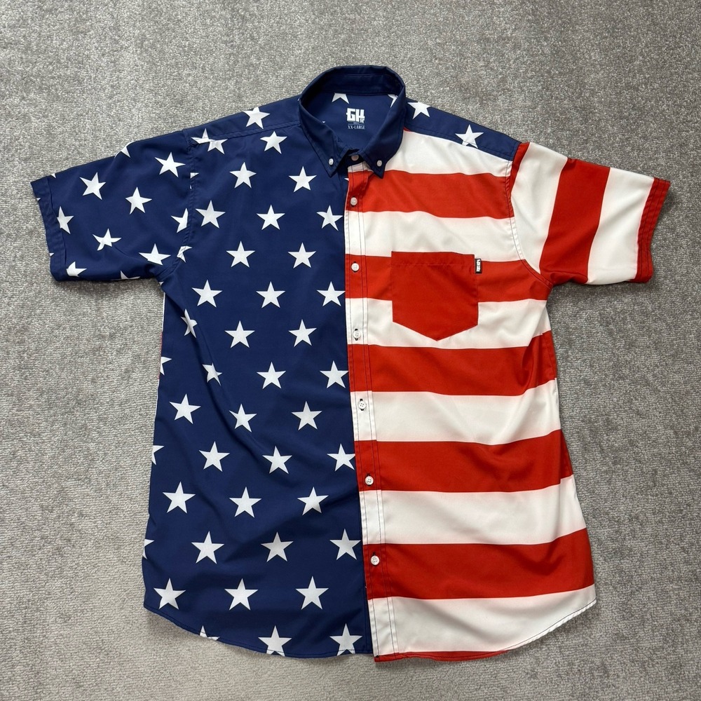 Greater Half Patriotic Stars Stripes USA flag Polo Button Down Shirt Men's XXL